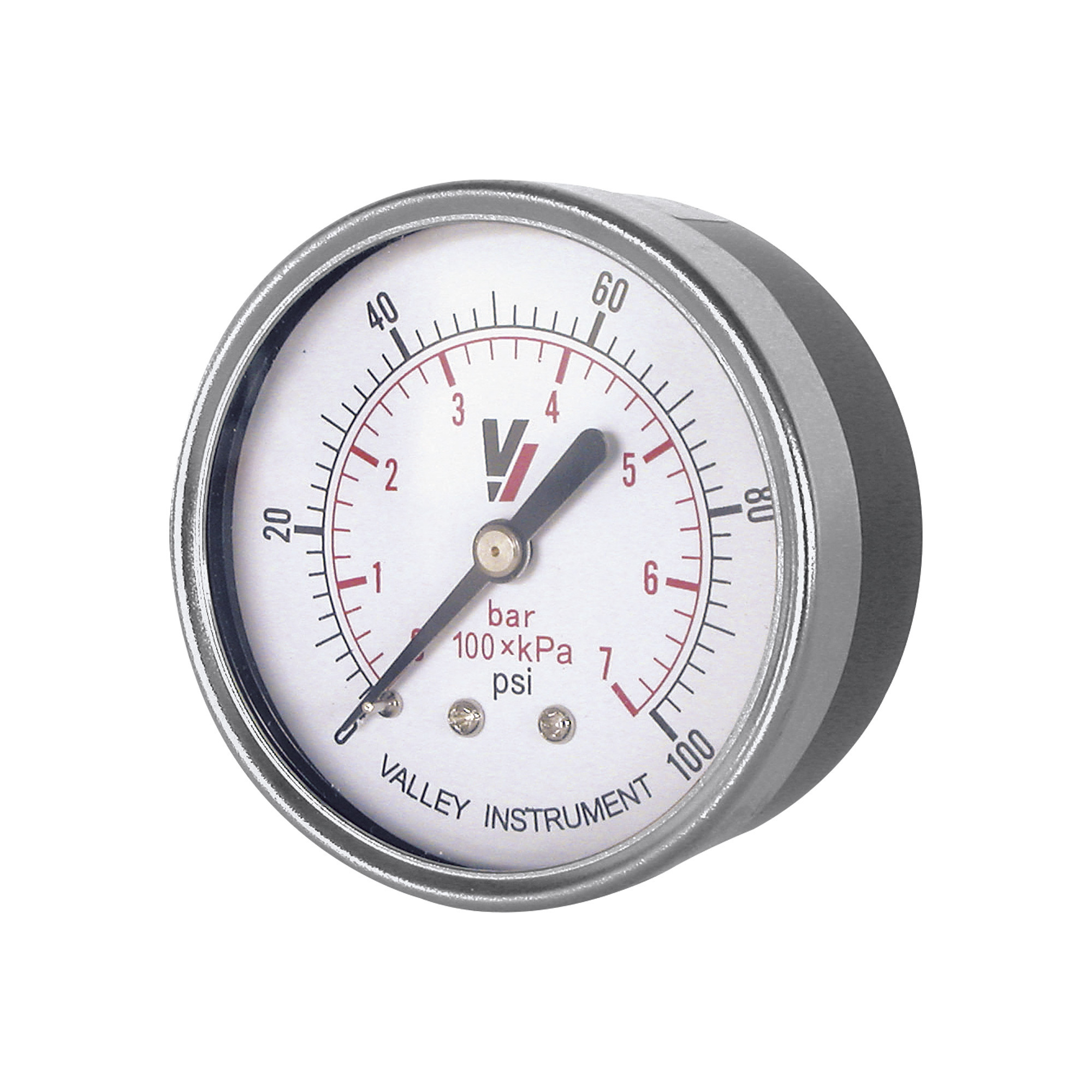 Valley Industries, 1.5in. Back Mt Gauge 100PSI, Case Material Steel, Min. Operating Pressure 0 PSI, Max. Operating Pressure 100 PSI, Model# 0220DSB100
